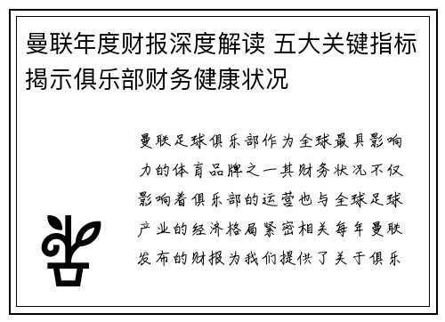 曼联年度财报深度解读 五大关键指标揭示俱乐部财务健康状况