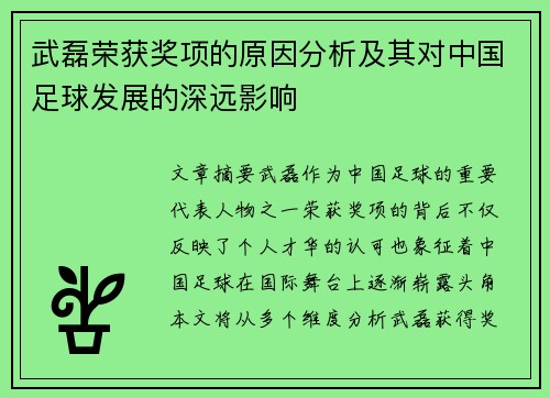 武磊荣获奖项的原因分析及其对中国足球发展的深远影响