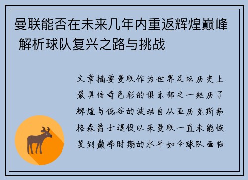 曼联能否在未来几年内重返辉煌巅峰 解析球队复兴之路与挑战