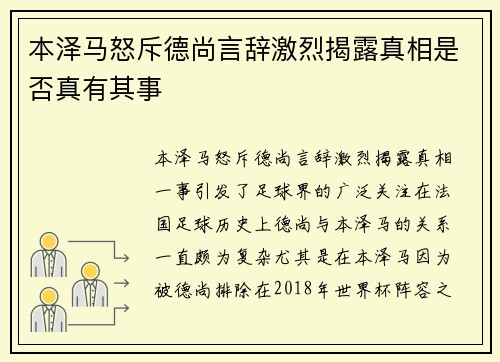 本泽马怒斥德尚言辞激烈揭露真相是否真有其事